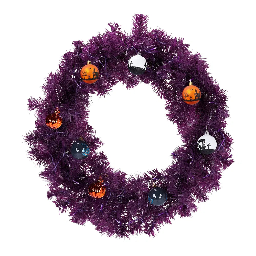 24-Inch Halloween-Themed Christmas Wreath with LED Lights