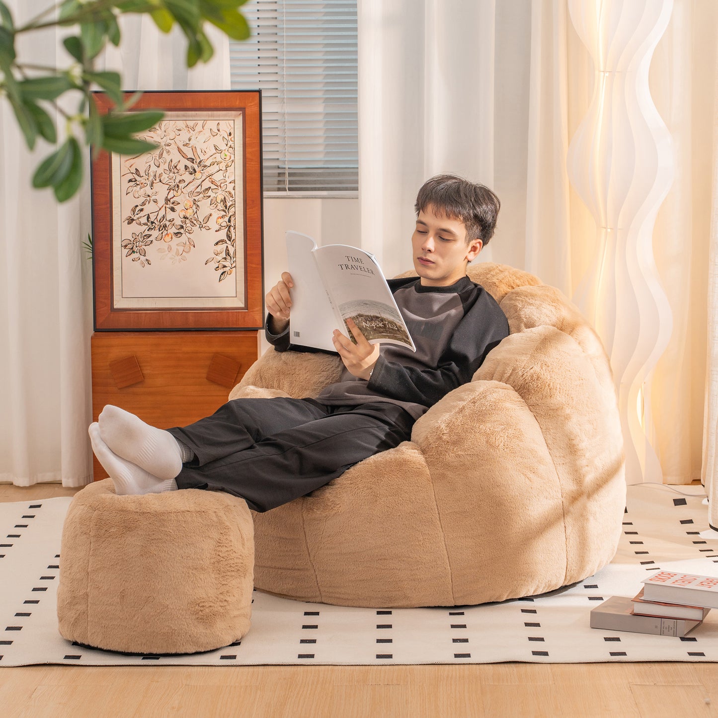 Oversized Faux Fur Bean Bag Chair - Khaki Plush Sofa for Gaming