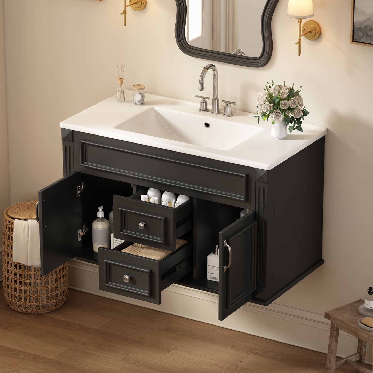 36-Inch Wall-Mounted Bathroom Vanity with Ceramic Sink - Black