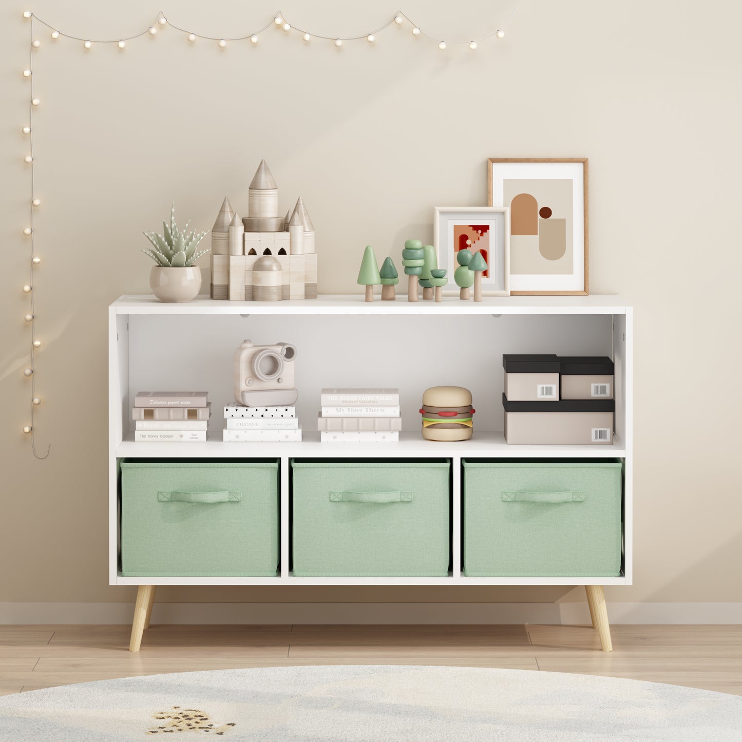 Kids Bookcase with Collapsible Fabric Drawers - White & Green