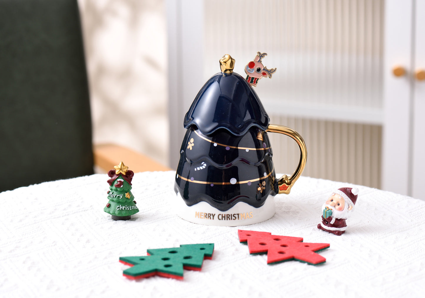 Christmas Tree Mug with Lid and Spoon - Holiday Ceramic Drinkware