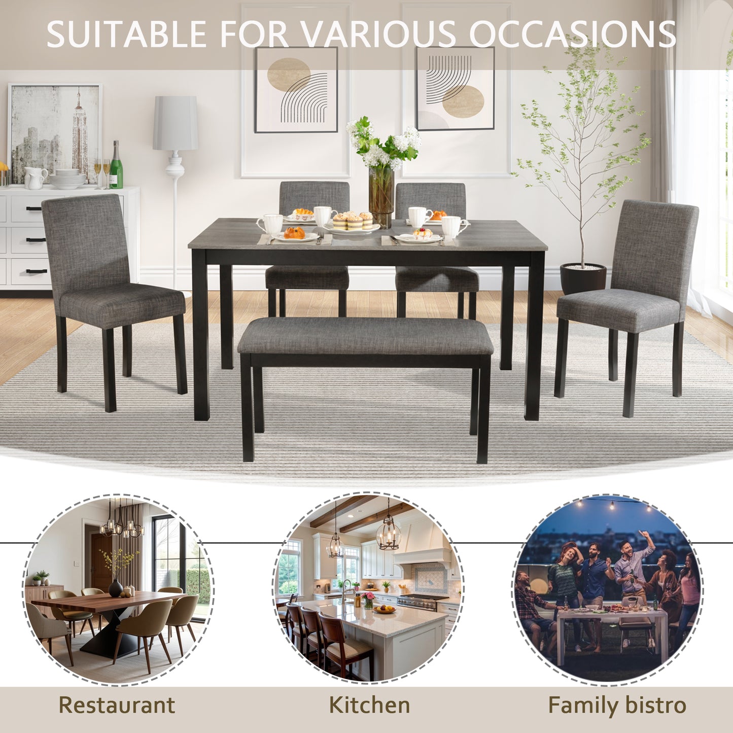 6-Piece Wooden Dining Table Set with Bench & Chairs - Light Grey & Black