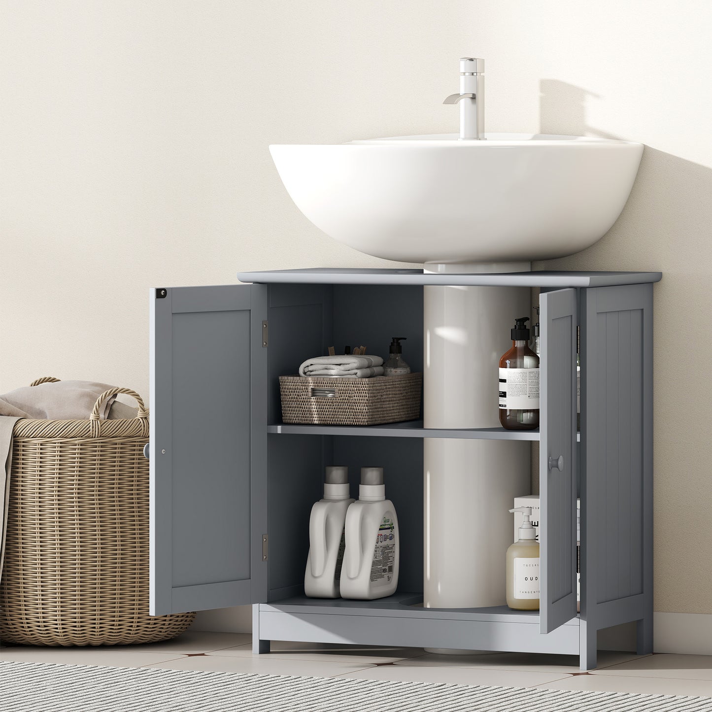 Under Sink Bathroom Cabinet - Gray Pedestal Storage with 2 Doors