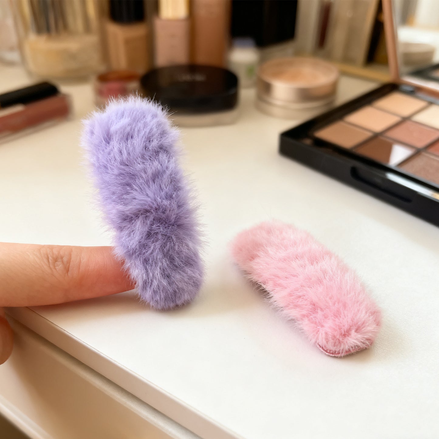 Furry Hair Clips Set - Pink & Purple Decorative Clips