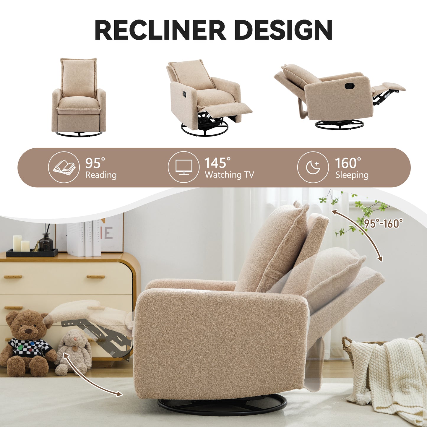 Swivel Rocker Recliner Chair - Teddy Fleece Oatmeal