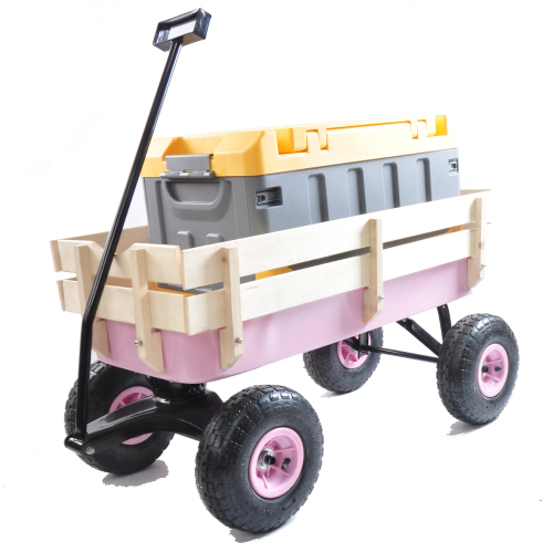 All Terrain Garden Wagon with Wood Railing and Air Tires for Outdoor Use