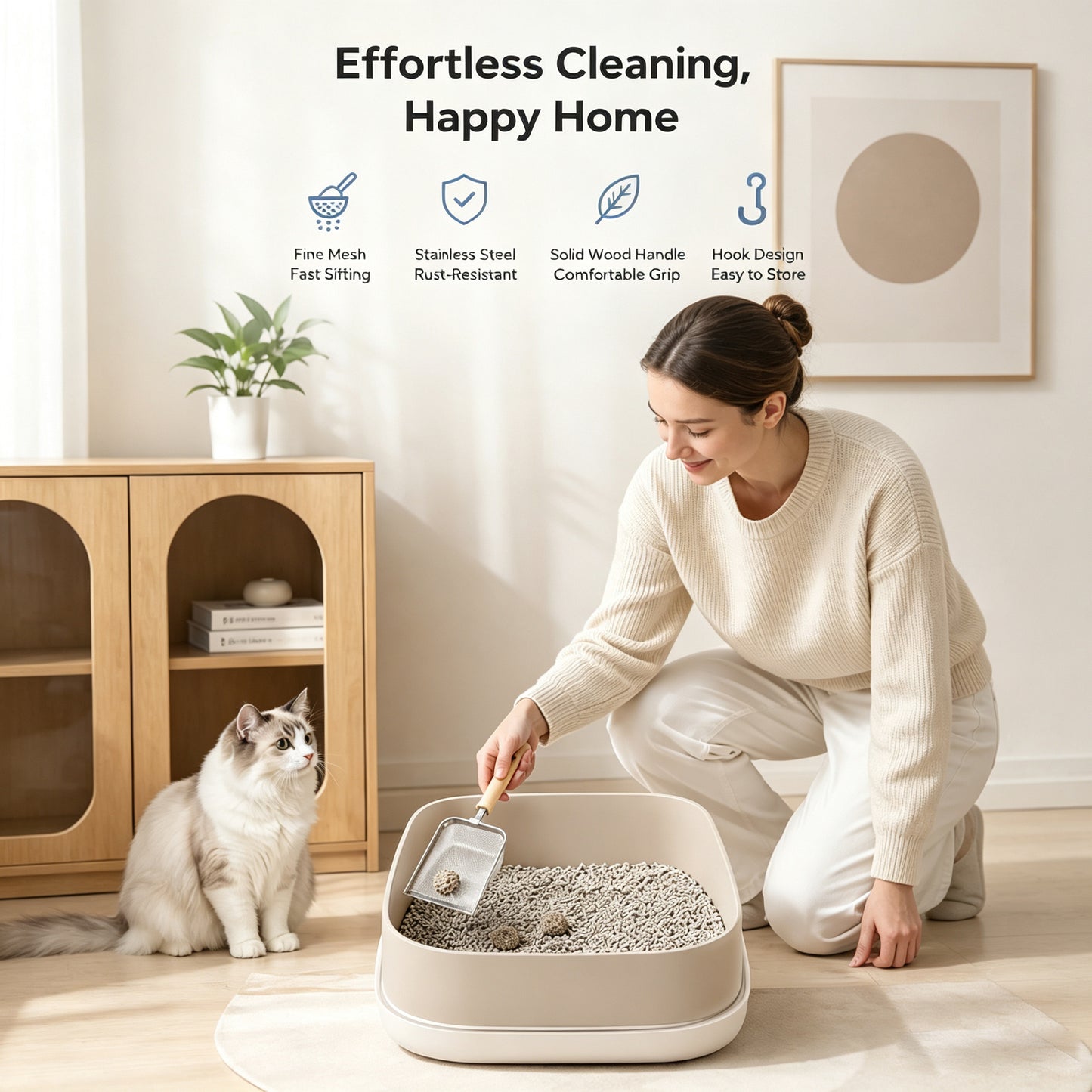 Stainless Steel Cat Litter Scoop with Mesh Sifter & Wooden Handle - Heavy Duty