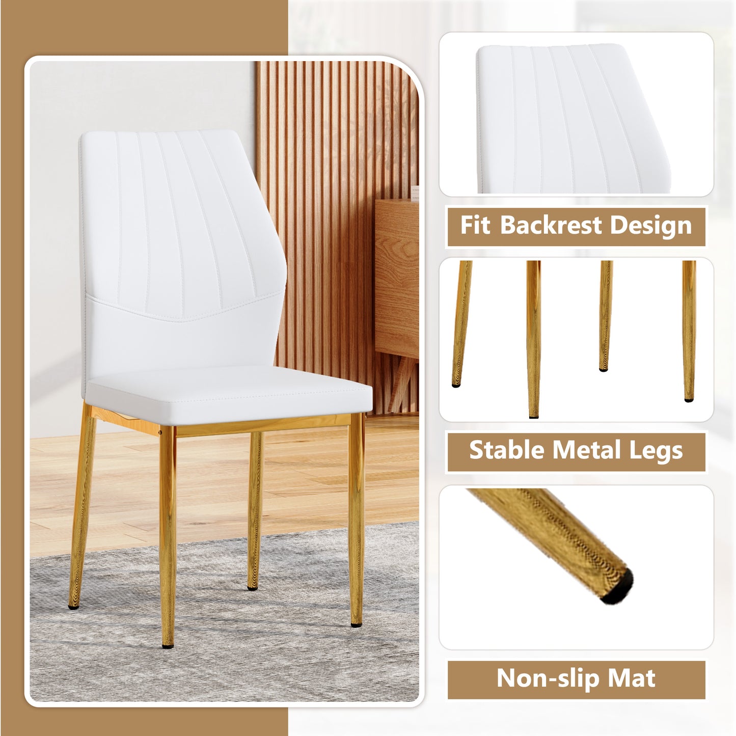 Set Of 6 Gold - And White Dining Chairs, 37 Inches High Ergonomic PU