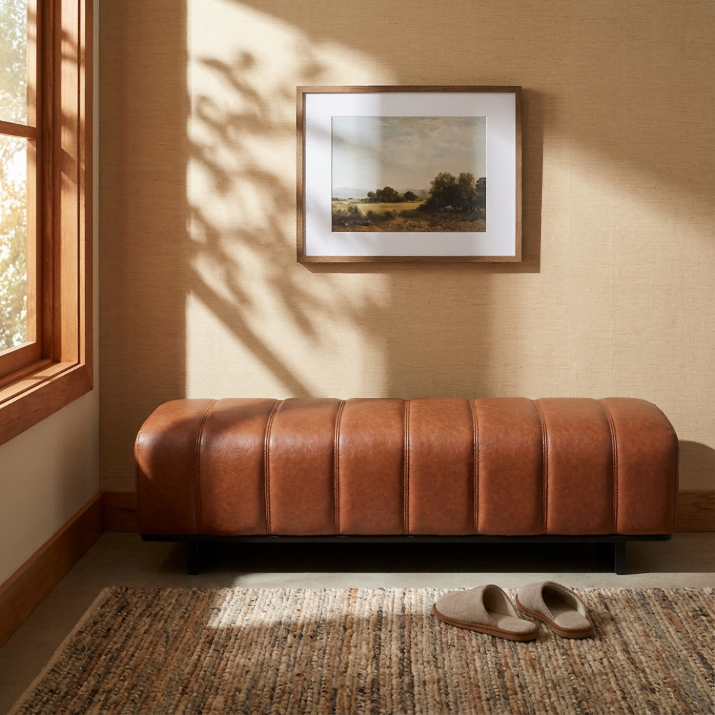 Indoor Dining Bench - Brown PU Fabric with Rubber Wood Legs