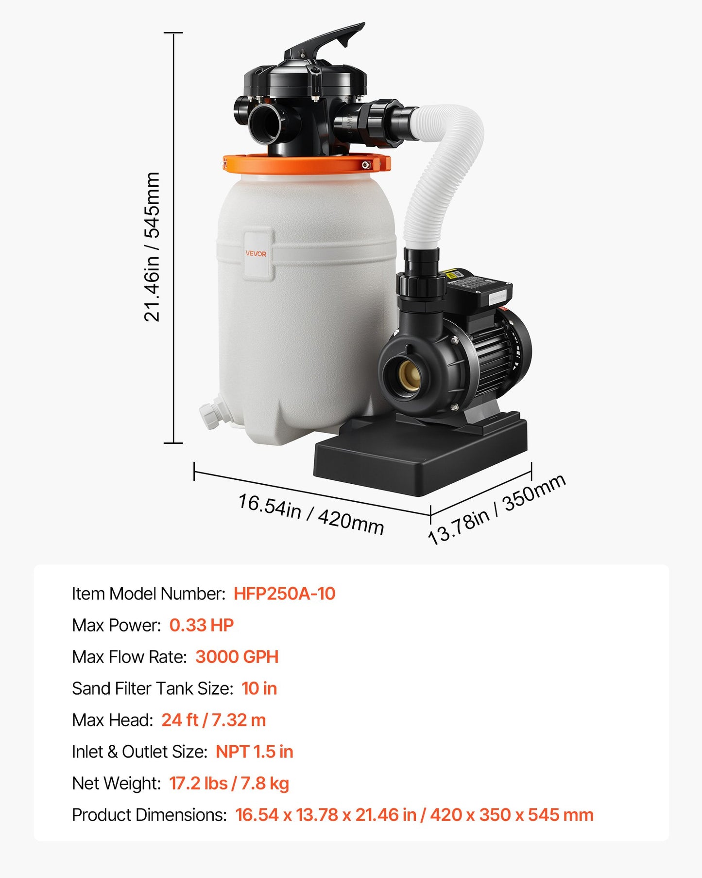 10-Inch Sand Filter Pump for Above Ground Pools 3000 GPH Leak-Resistant Design