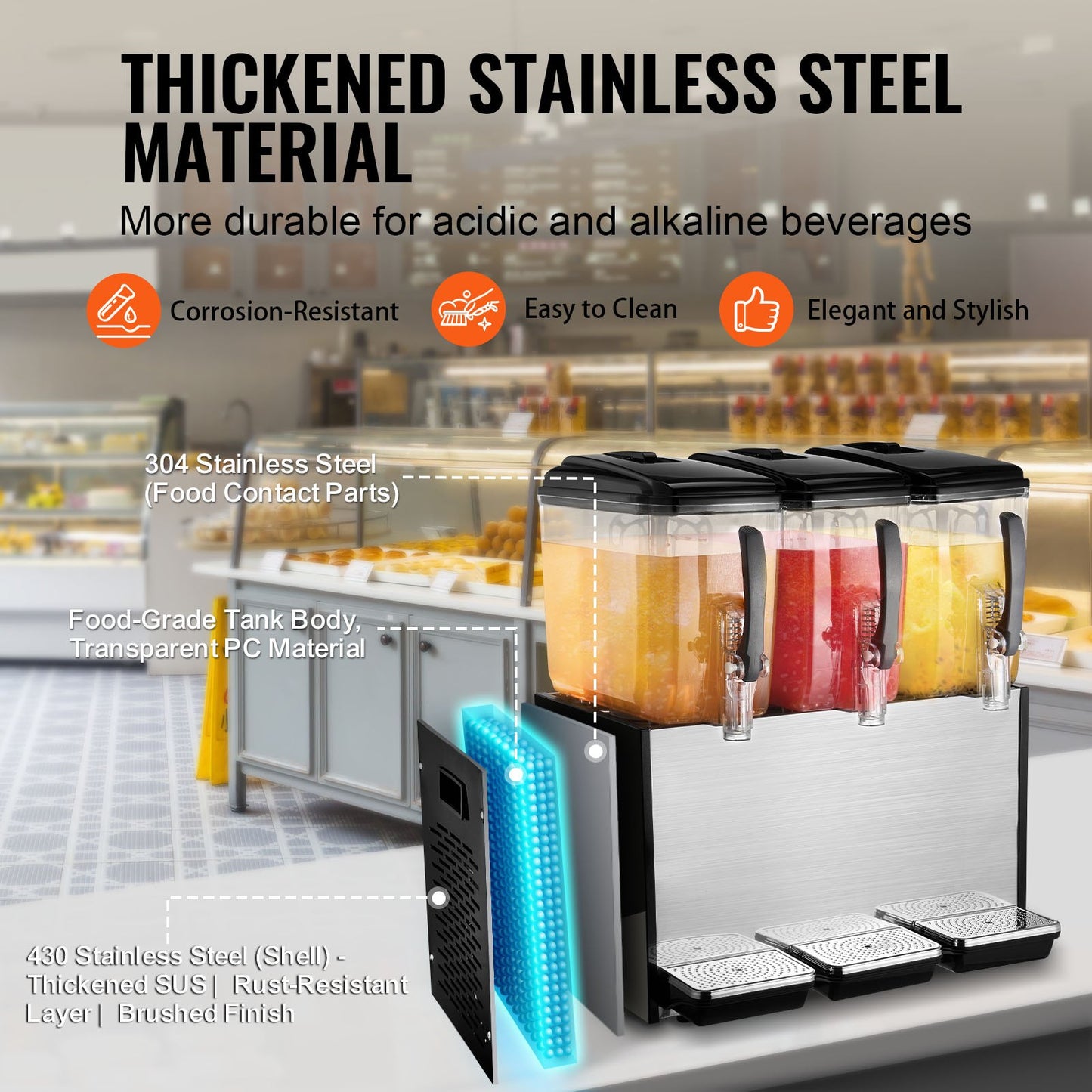 12L Commercial Beverage Dispenser with 3 Tanks, Food-Grade Stainless Steel, Silver