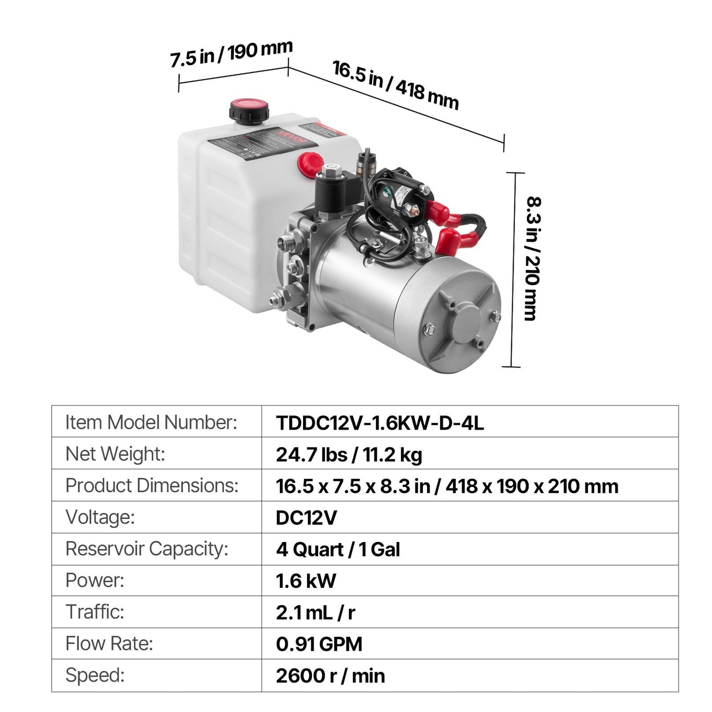 4 Quart Hydraulic Power Unit with Metal Reservoir - 3200 PSI Pump for Dump & Lifting