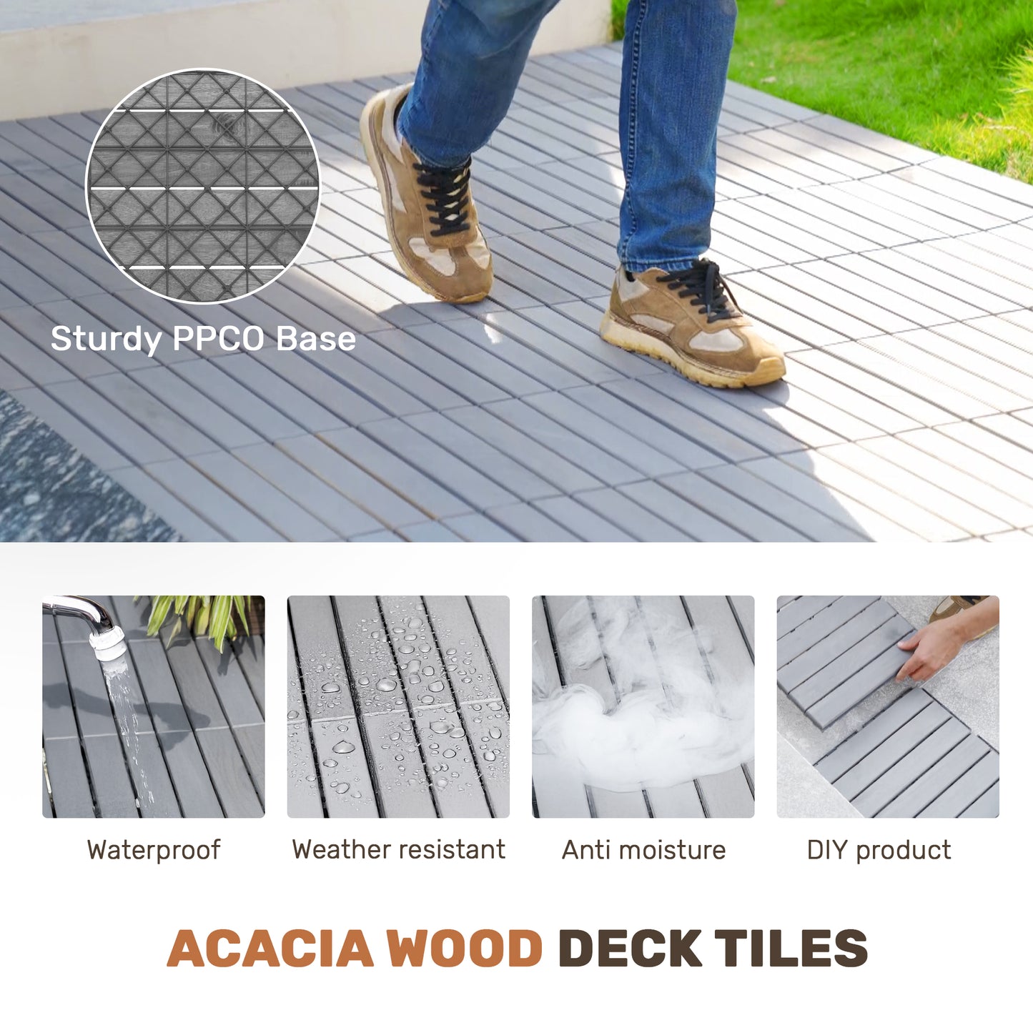 30 PCS Interlocking Deck Tiles - 12" x 12" Light Gray Acacia Hardwood Flooring