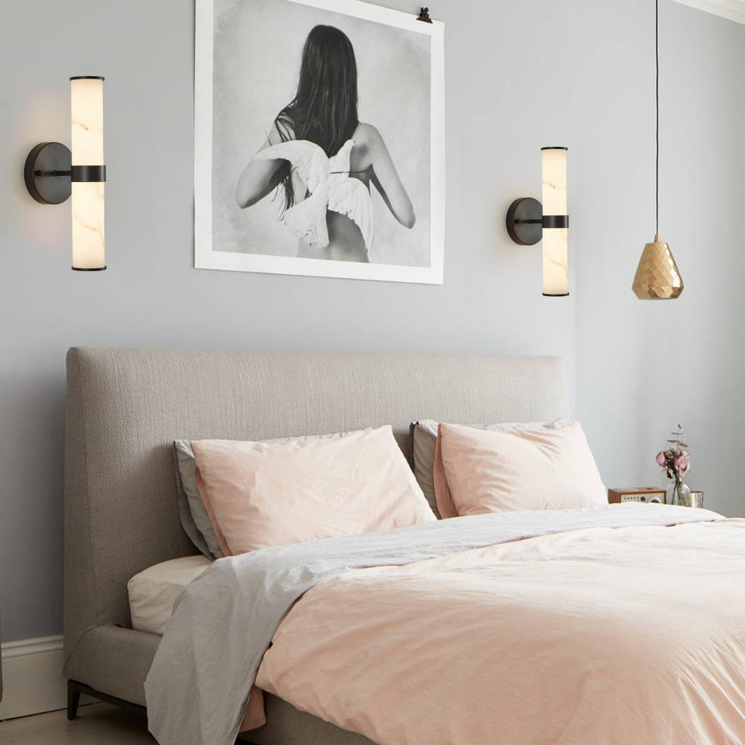Set of 2 Marble Texture Wall Lights with Black Iron Frame