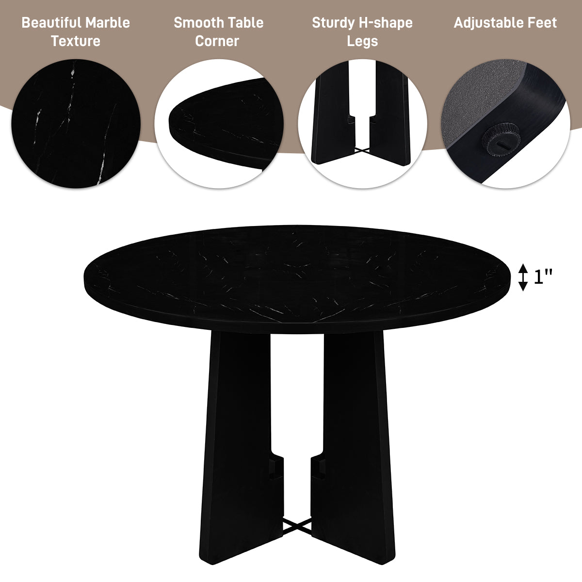 Round Dining Table For 4, 43-Inch Faux Marble Top, Mid-Century Modern
