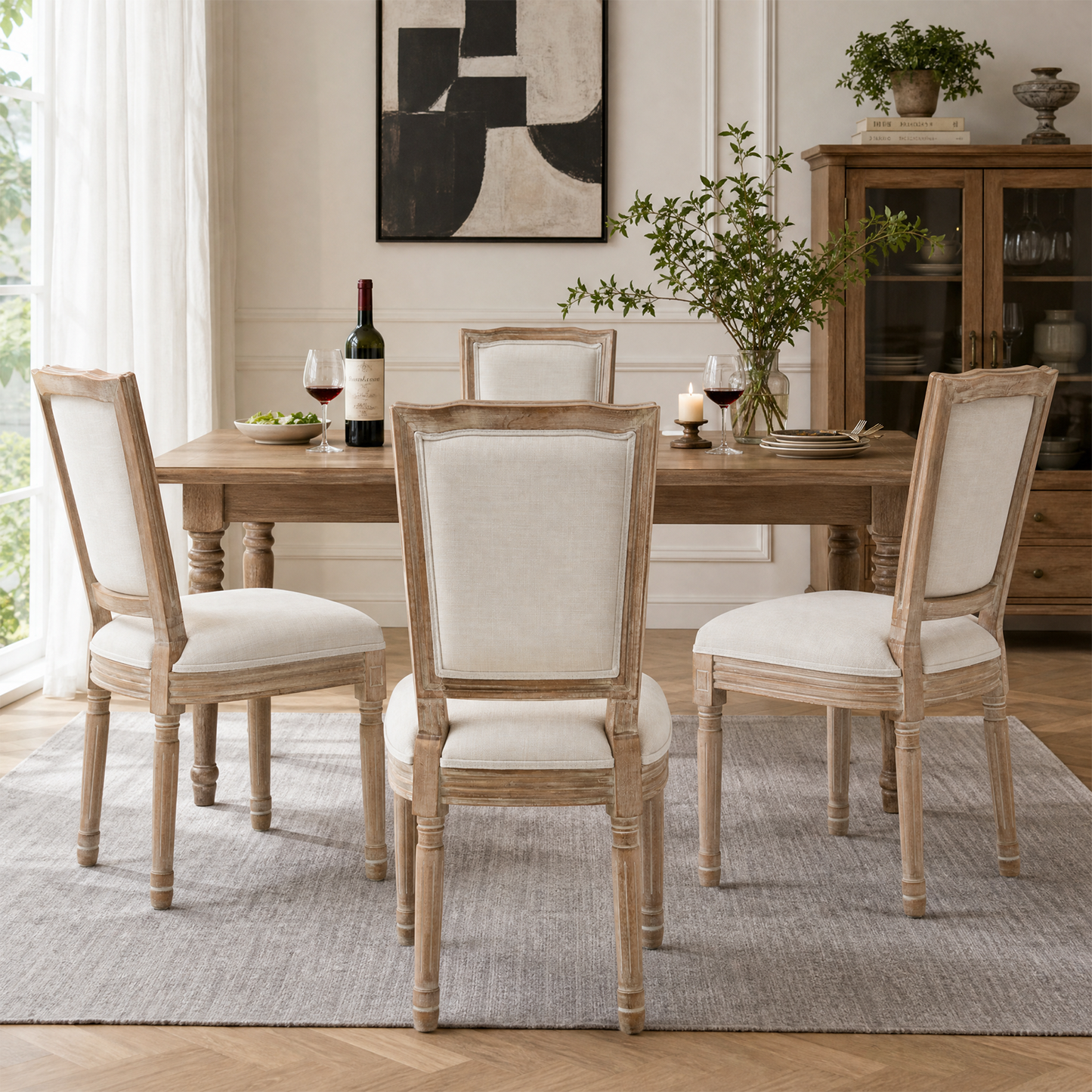 Farmhouse Dining Chairs - Solid Wood Frame with Cushioned Seat, Set of 2, Beige