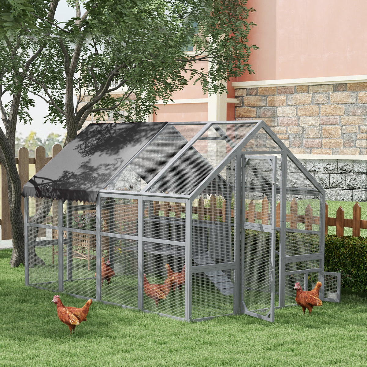 Large Chicken Coop with Nesting Box and Water-Resistant Cover - Gray, 1240x740x225mm