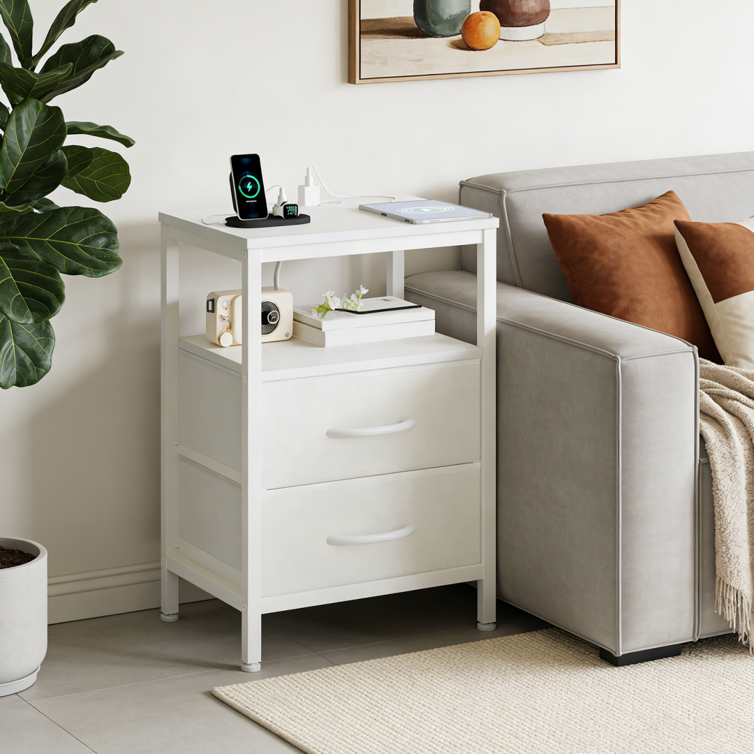 Small Bedside Table with Charging Station & Fabric Drawers - White