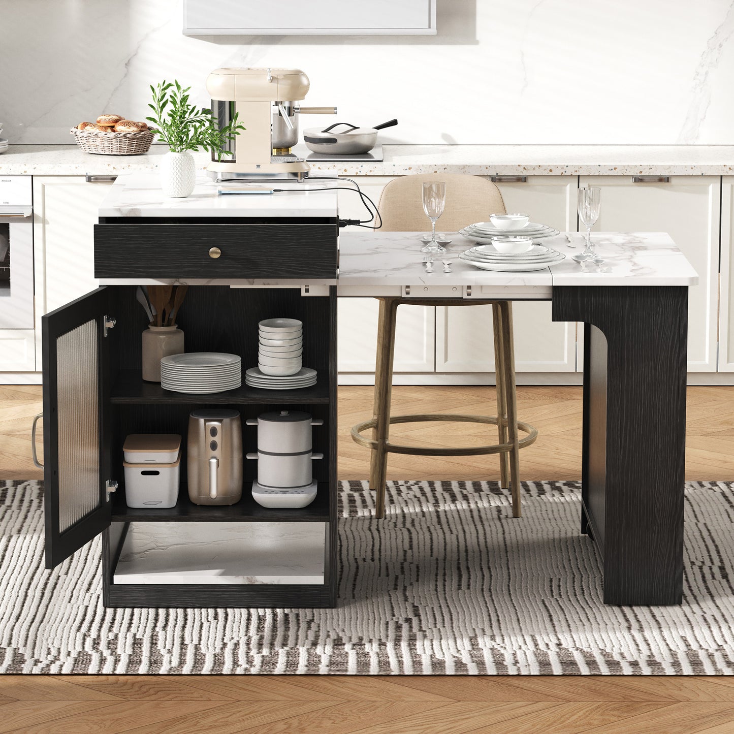 K&K 59.5 Kitchen Island With Extendable Dining Table, Storage Table