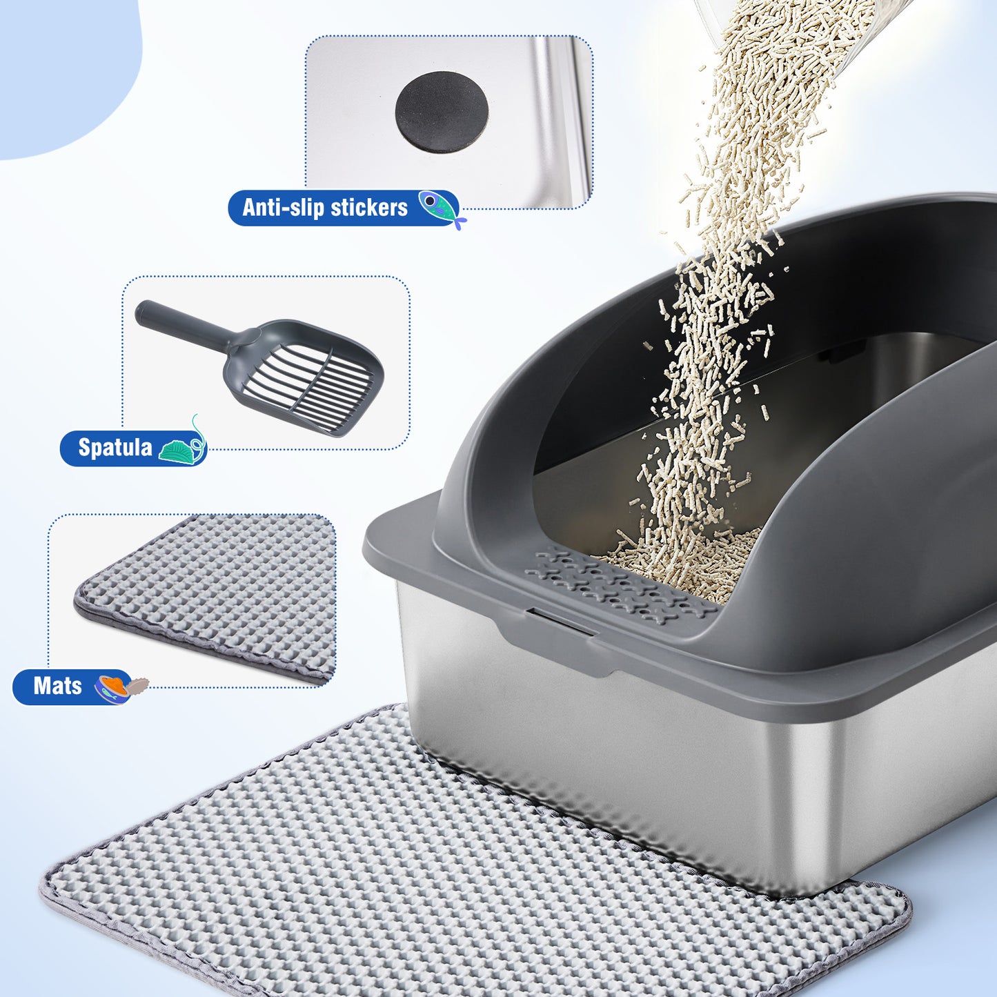 Large Stainless Steel Cat Litter Box with Lid, Odor-Free, Easy to Clean, Includes Scoop & Mat