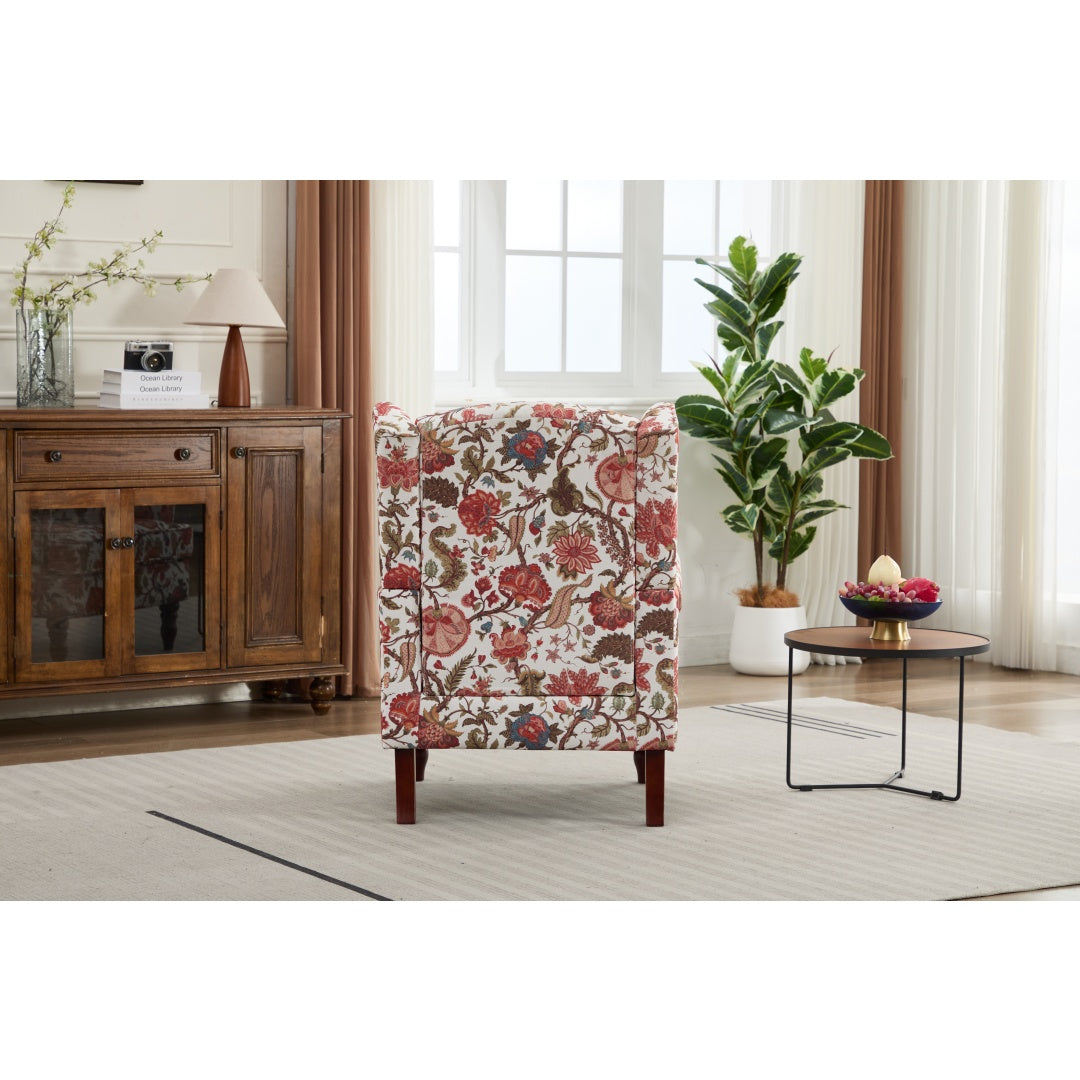 Floral Accent Chair with Retro Wood Legs - Bean Paste Red