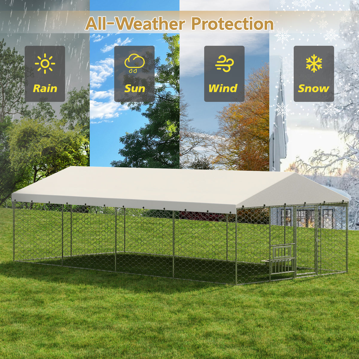Large Outdoor Dog Kennel with Canopy - Heavy Duty Galvanized Steel Frame, Waterproof Cover, Elevated Feeders, Escape-Proof Locking Pet Run