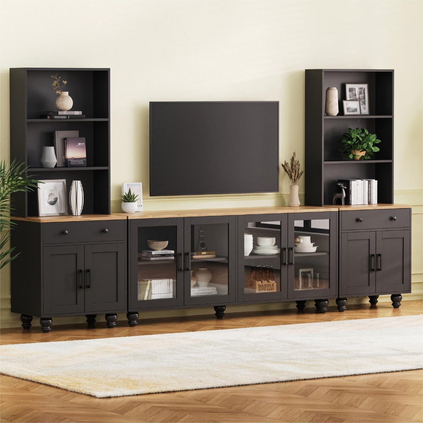 Farmhouse TV Stand with Gourd-Shaped Legs for TVs Up to 70" - Black Natural