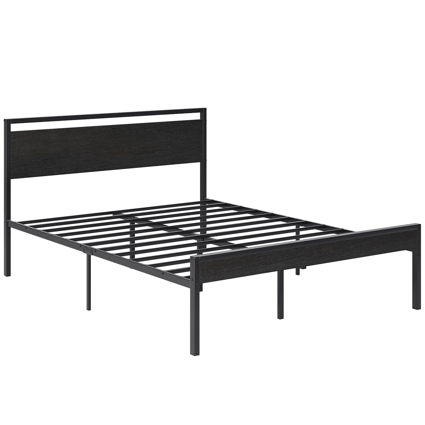 Heavy-Duty Metal Platform Bed with Wooden Headboard and Storage