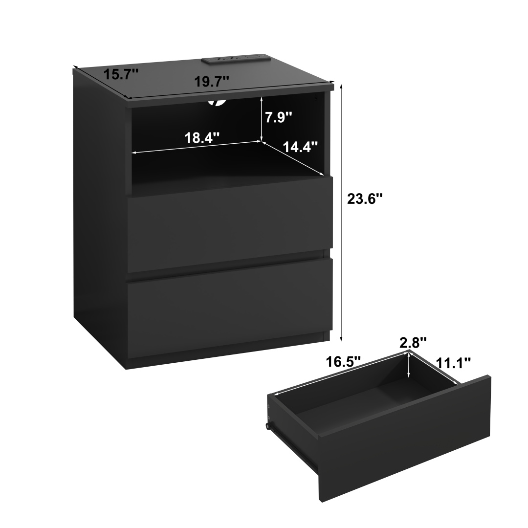 Set of 2 Modern End Tables with USB Charging Station & Drawers - Black