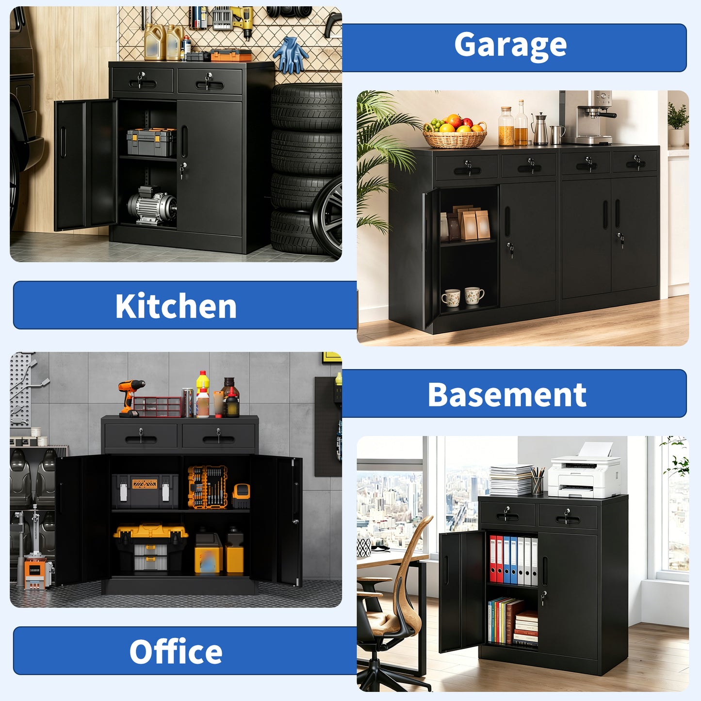 Heavy-Duty Metal Storage Cabinet with Lock and 2 Drawers - Black