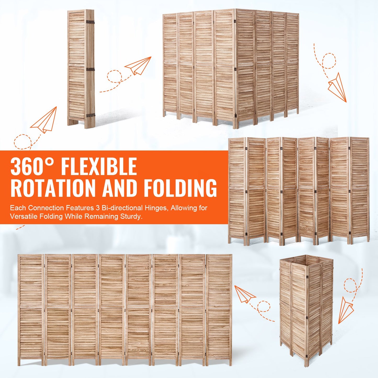 8 Panel Wood Folding Room Divider - 66.9 Inch Louvered Privacy Screen