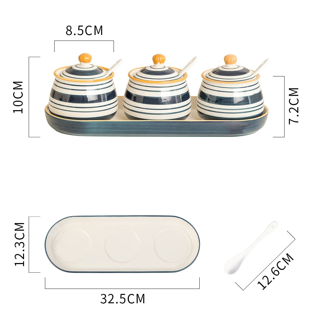 Ceramic Condiment Pot Set with Spoon - Kitchen Tableware, Household