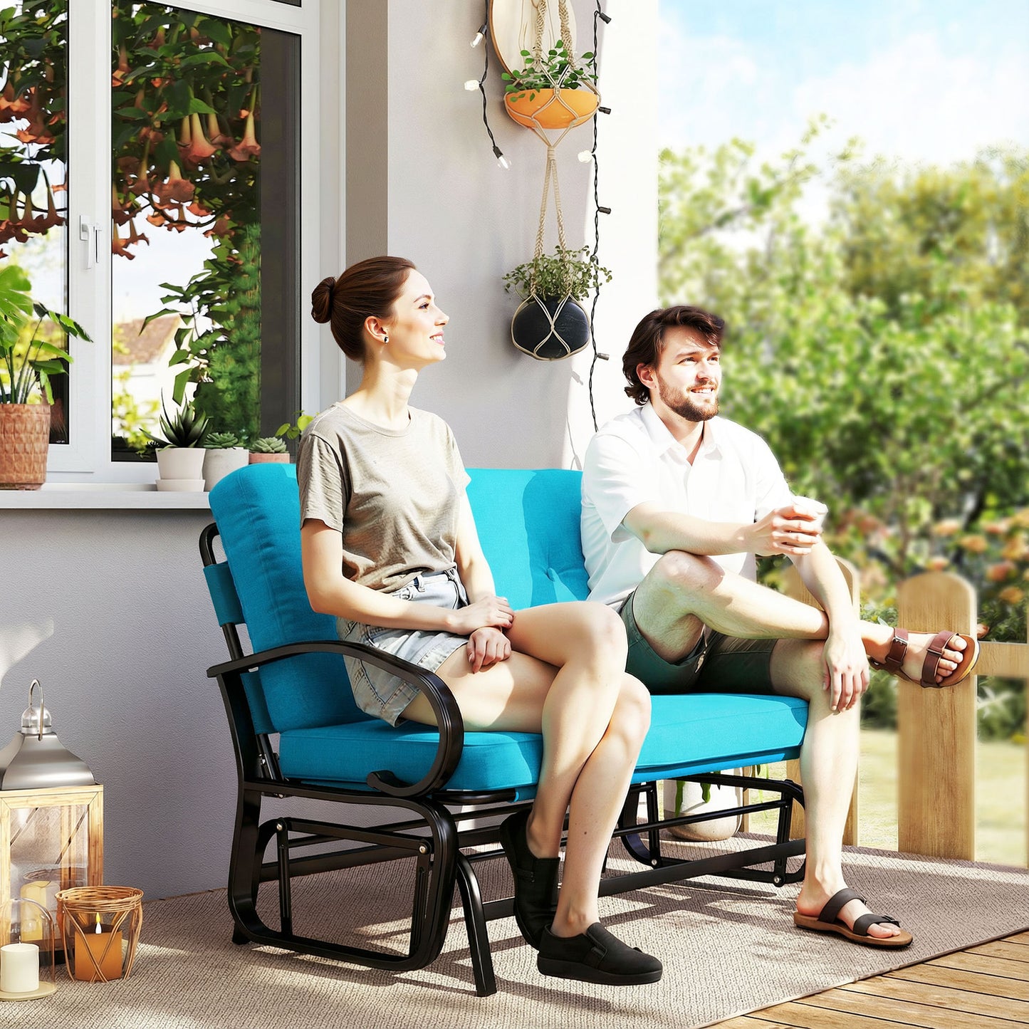 2-Person Outdoor Glider Bench with Tufted Cushions - Blue