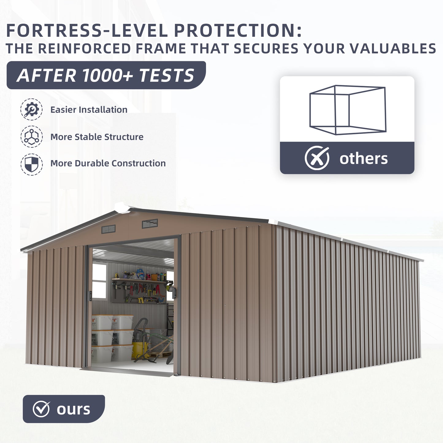 10x12ft Steel Storage Shed with Protective Film & Windows - Brown