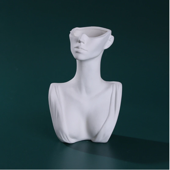 White Ceramic Face Vase - Decorative Floral Ornament for Home