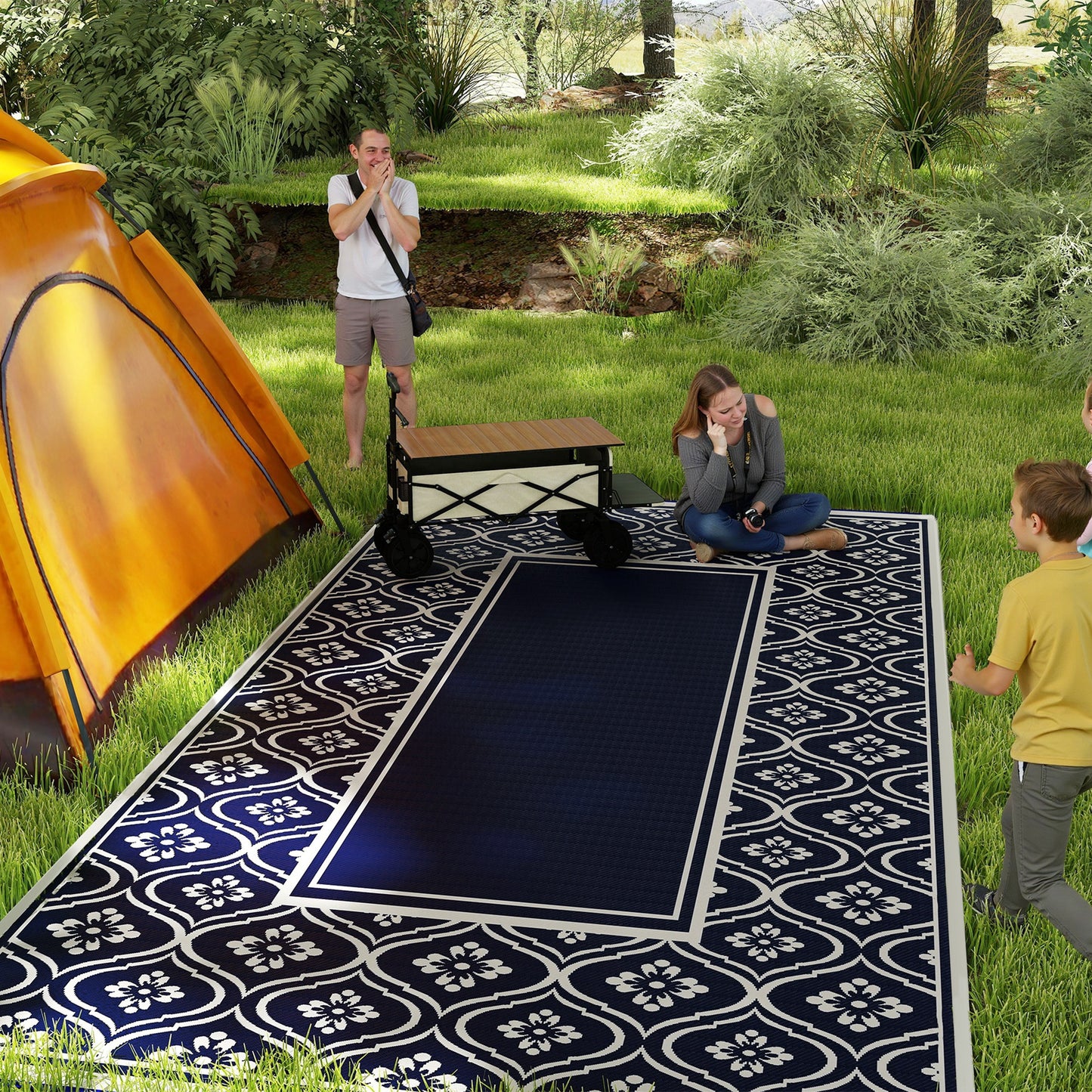 Reversible Outdoor Rug - Waterproof Polypropylene, 9' x 18', Blue & White Gourd Border with Carry Bag