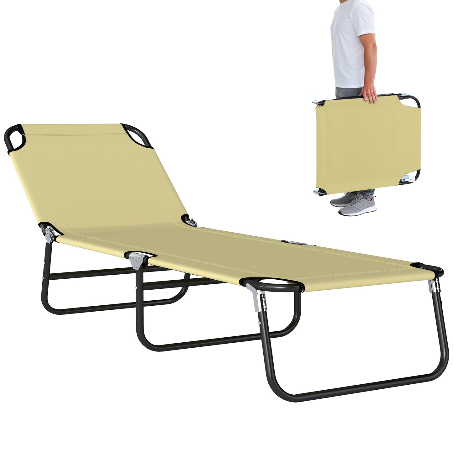 Folding Chaise Lounge Chair - 5-Level Recline, Steel Frame, Beige