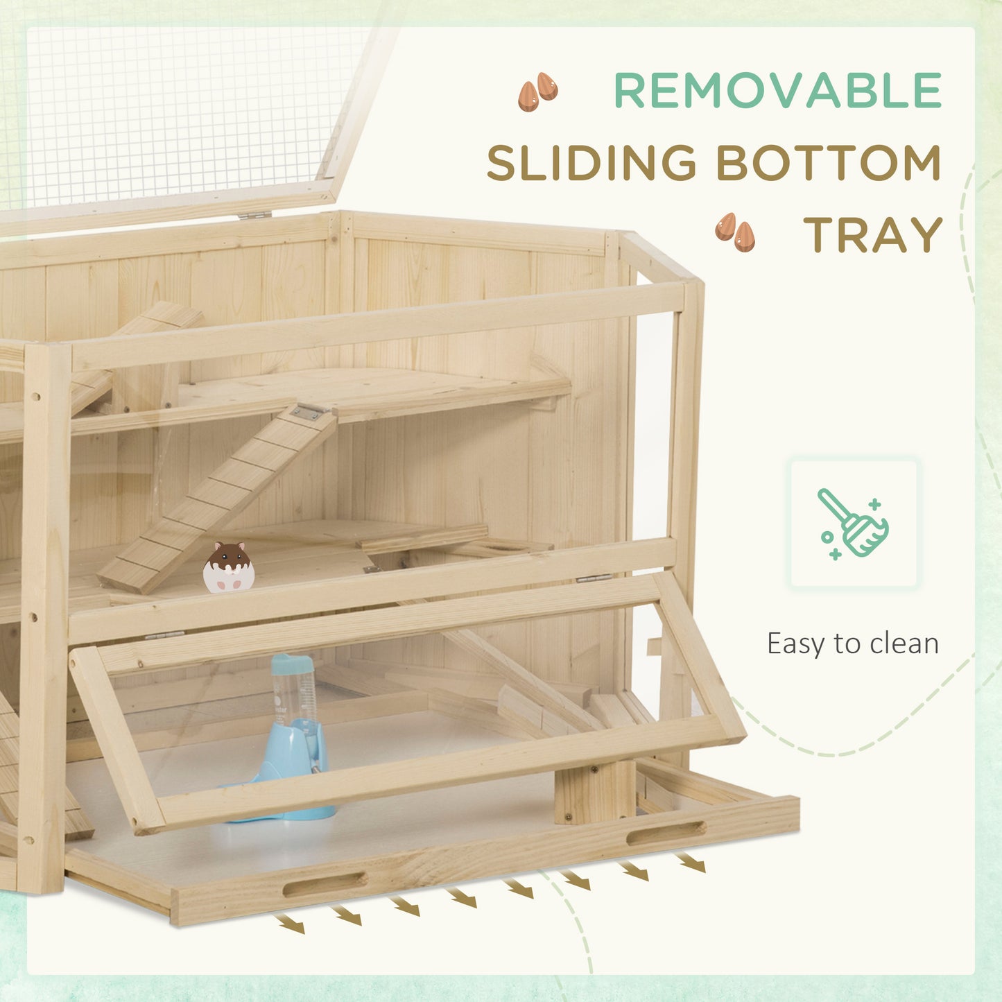 Large Wooden Hamster Cage with 3 Tiers, Seesaws & Water Bottle - Natural