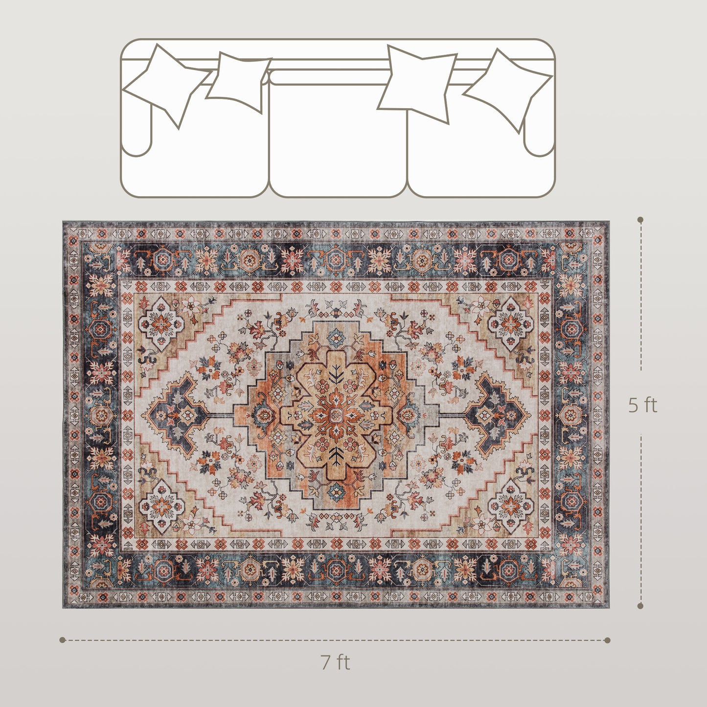Boho Print Area Rug 5x7 - Machine Washable Non-Slip Carpet - Tawny Brown
