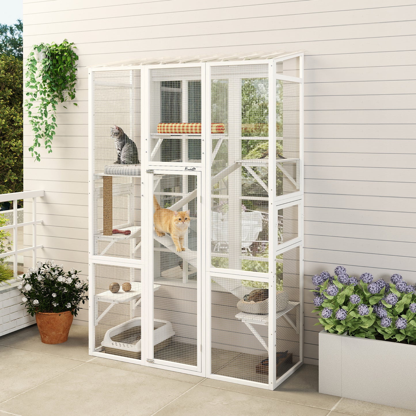Large Wooden Outdoor Cat Enclosure with Jumping Platforms & Ramps for Cats