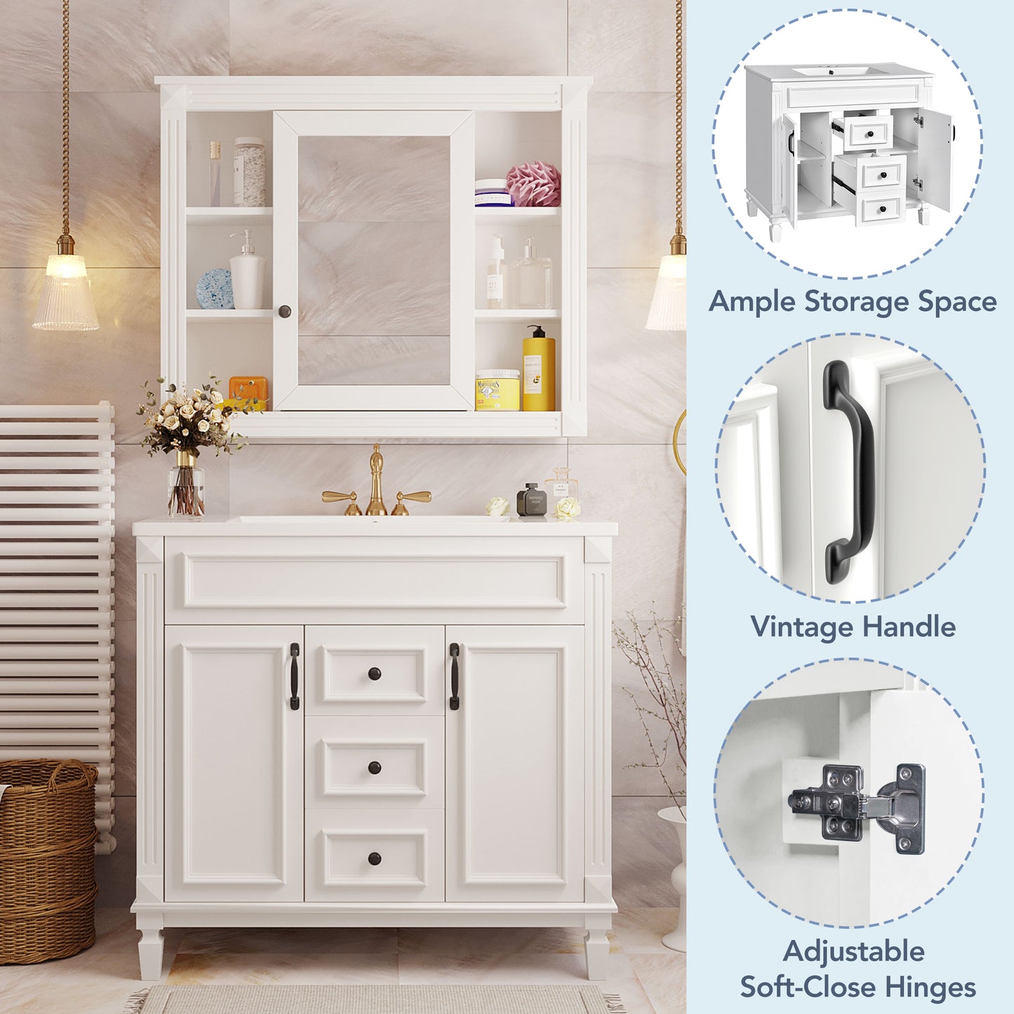 36'' Modern Bathroom Vanity with Sink & Mirror Cabinet - White