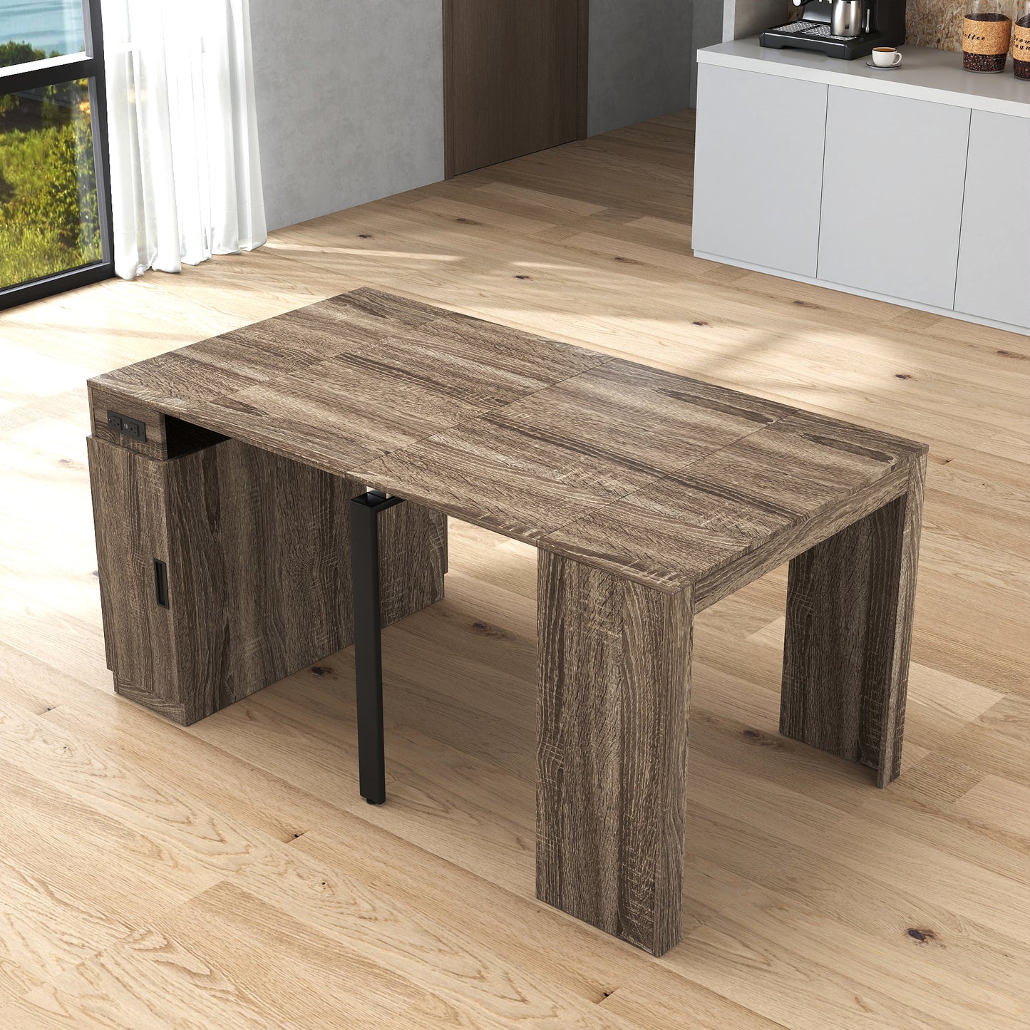 Modern Extendable Dining Table with Outlet & Storage - Brown