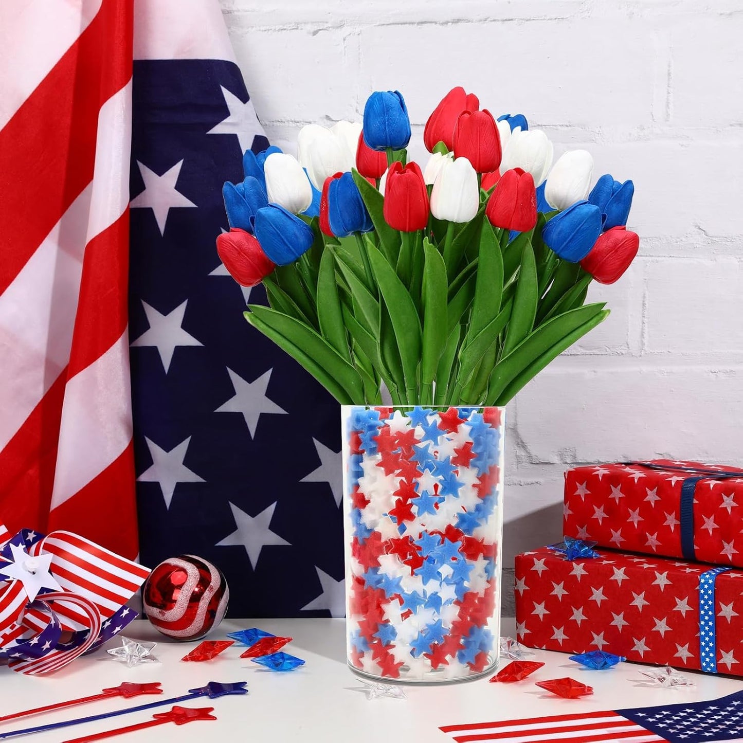 4th of July Artificial Tulips & Sponge Stars - 12 Pcs Set
