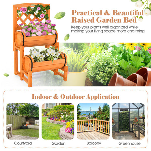 2-Tier Fir Wood Raised Garden Bed with Trellis - Outdoor Planter Box