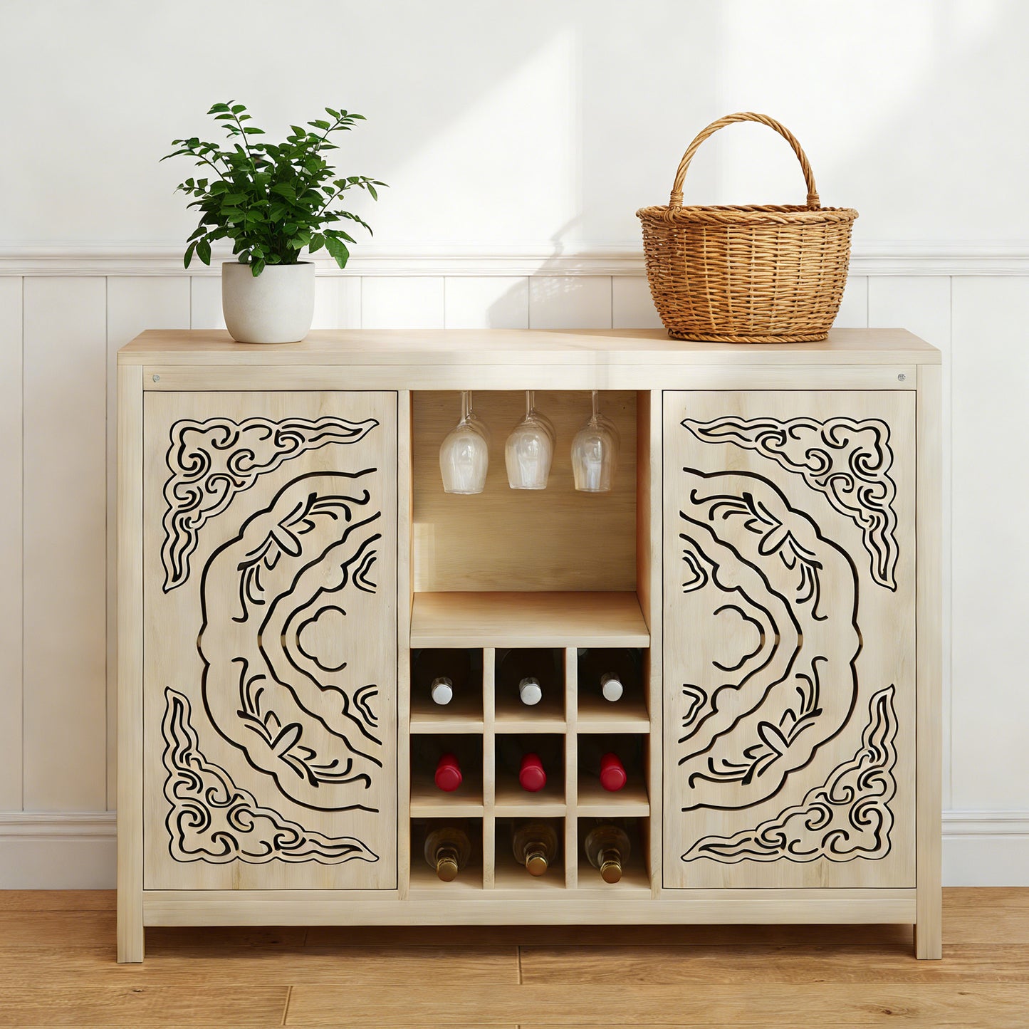 Wine Bar Cabinet With 2 Doors Buffet Storage Liquor Rack And Glass