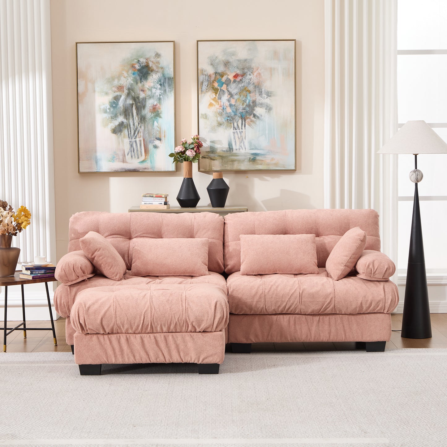 L Shaped Modular Sectional Sofa with Ottoman - Pink