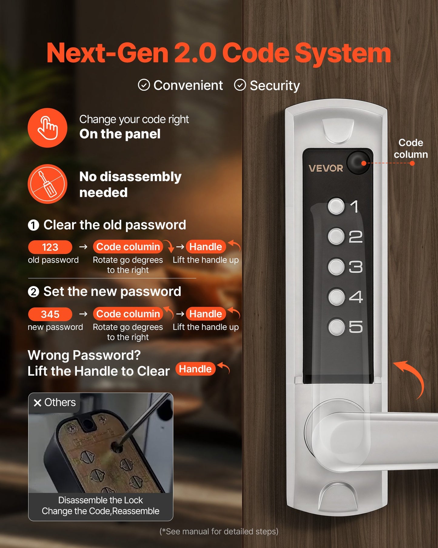 Mechanical Keyless Door Lock - 5-Digit Combination, No Batteries, Indoor & Outdoor Use - Black