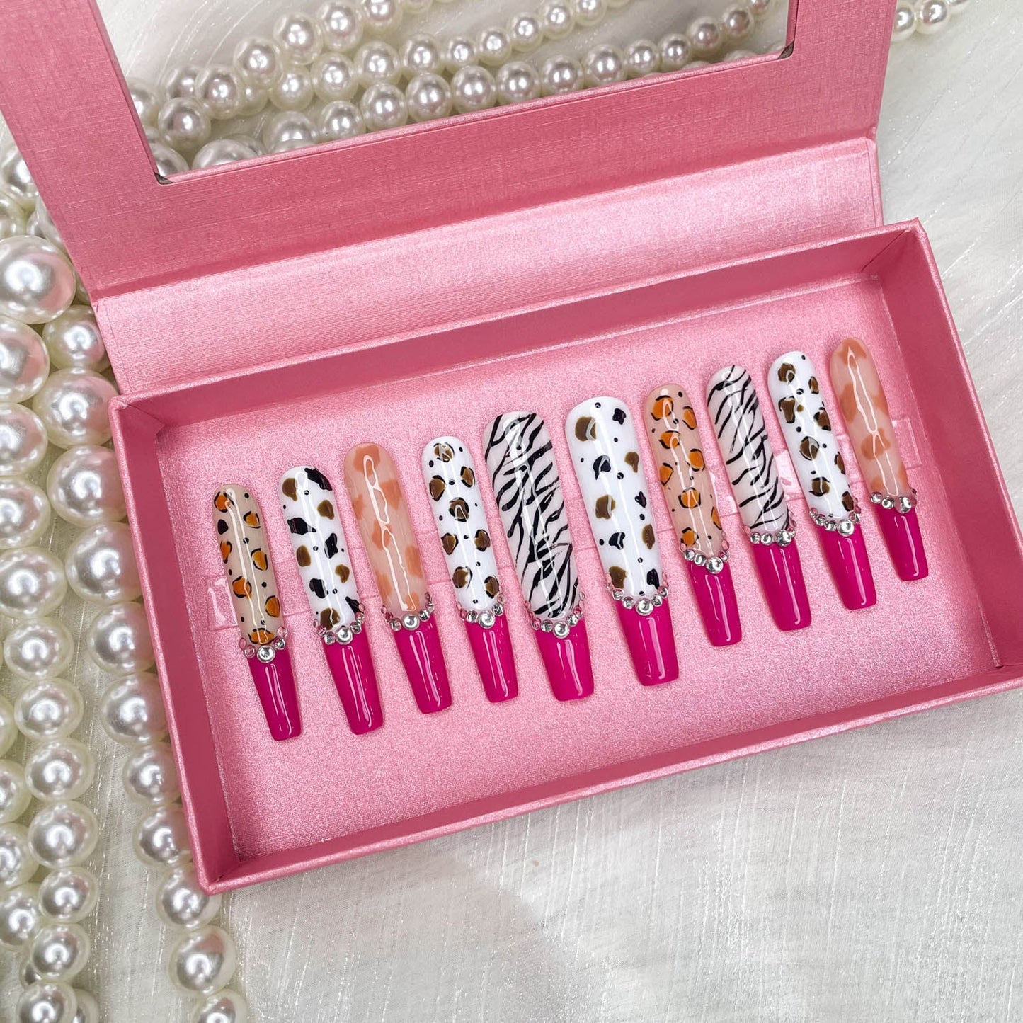 Handmade Press-On Nails - Extra Long Stiletto Glitter Diamond Zebra - Size M