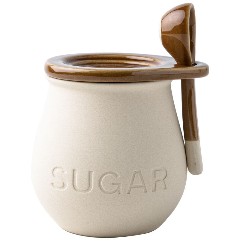 Vintage Ceramic Seasoning Jar with Cover and Spoon - Beige Kitchen Storage