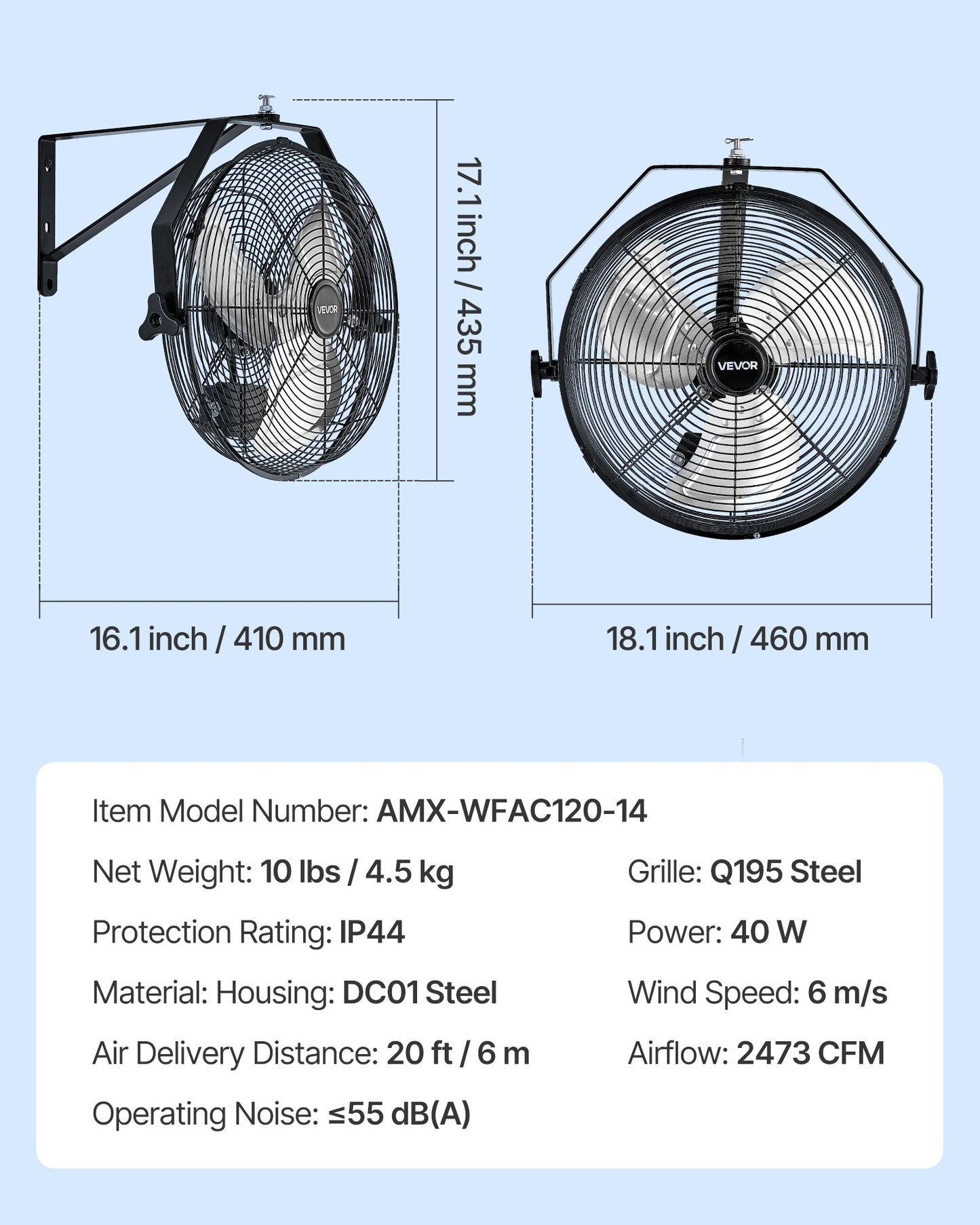 14 Inch Industrial Wall Mount Fan - High Velocity Waterproof Garage Fan with 3 Speeds